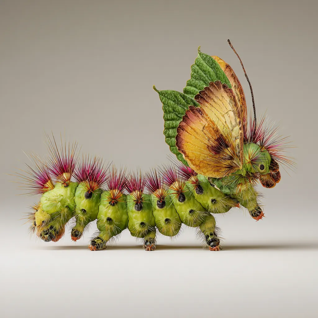 Artistic caterpillar with emerging butterfly wings